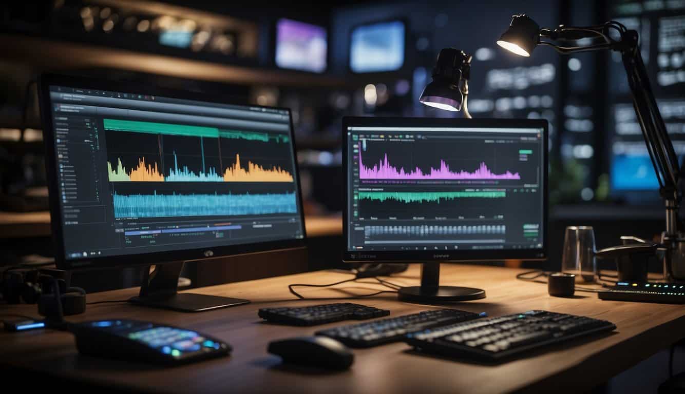 Various video editing tools arranged on a desk, with a computer screen displaying a collaborative video editing project. Charts and graphs showing advanced techniques in the background