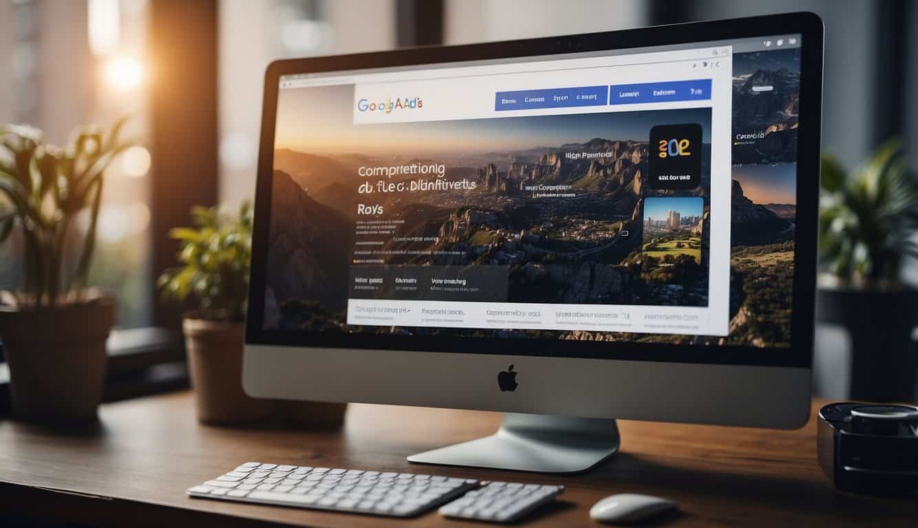 A computer screen displaying Google Ads optimization tools, with a landing page and ad creatives being enhanced