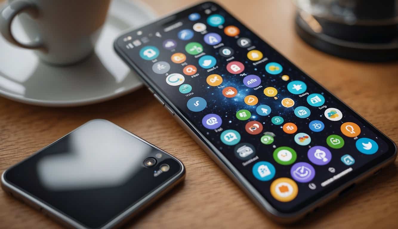A smartphone with various content marketing tools displayed on the screen, surrounded by icons representing optimization and mobile-friendliness
