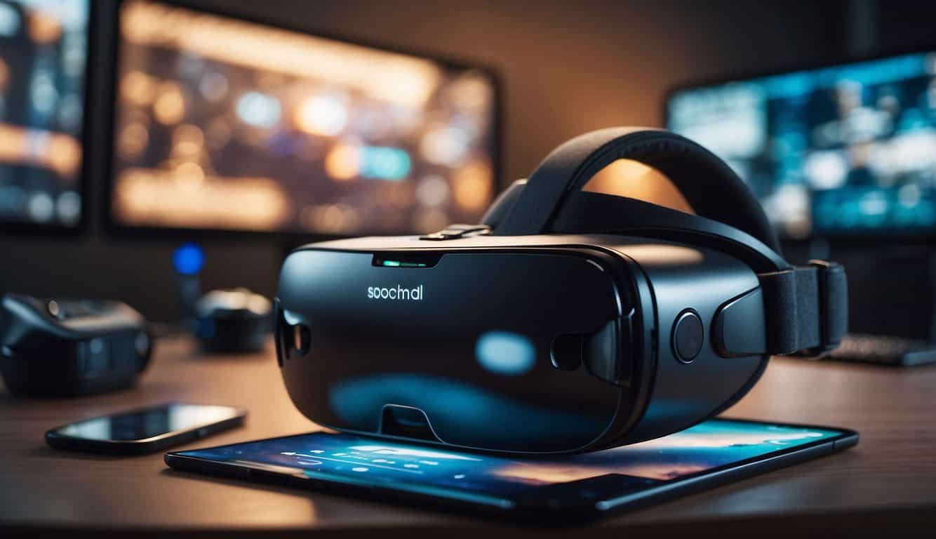 A virtual reality headset surrounded by digital tools and screens, with a focus on optimizing VR experiences