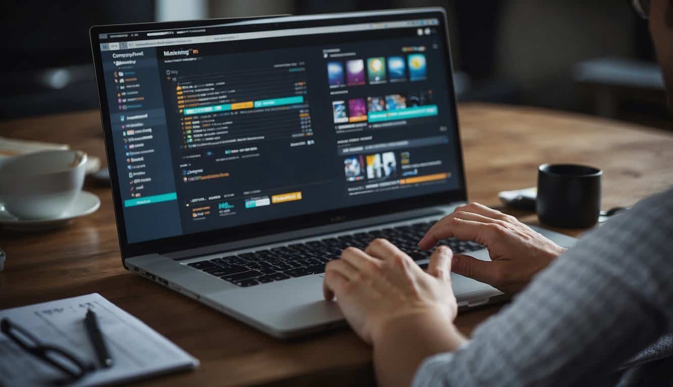 A person researching and comparing different affiliate marketing software options on a computer, with various software logos and features displayed on the screen