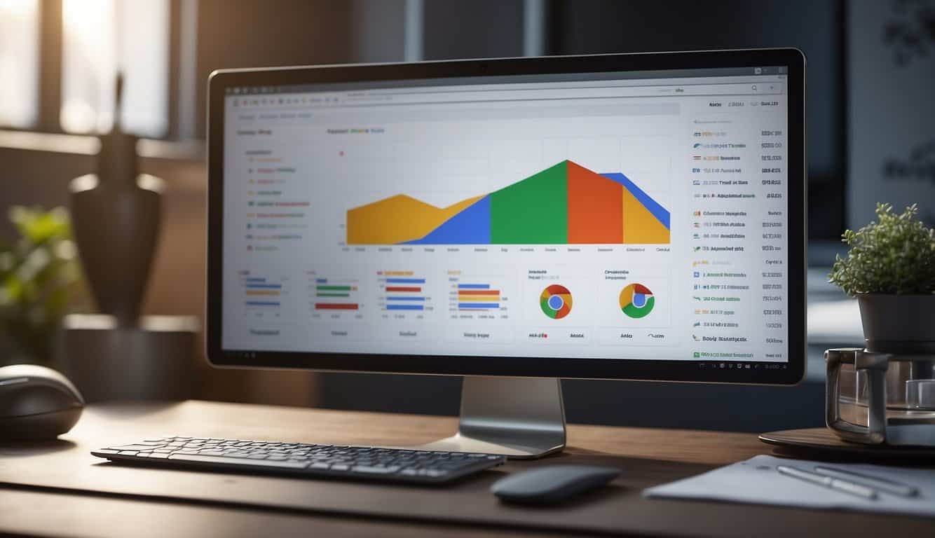 A computer screen displaying Google Ads optimization tools with graphs and data, a mouse hovering over the interface, and a notebook with notes and strategies laid out next to it
