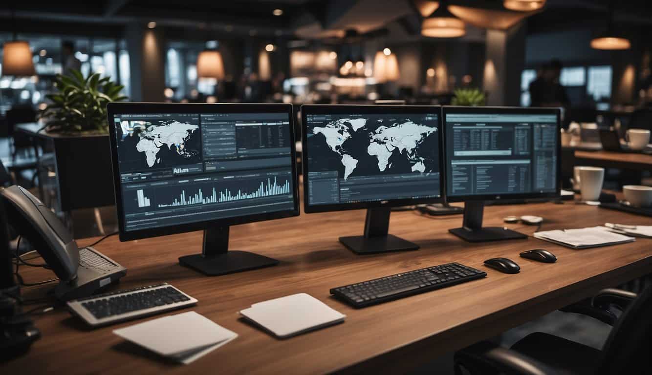 A table with multiple computer screens displaying various content marketing platform options, surrounded by stacks of papers and charts
