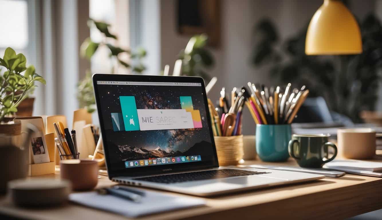 A desk cluttered with creative tools and a laptop, surrounded by colorful mood boards and inspirational quotes. Bright natural light floods the space, creating a warm and inviting atmosphere