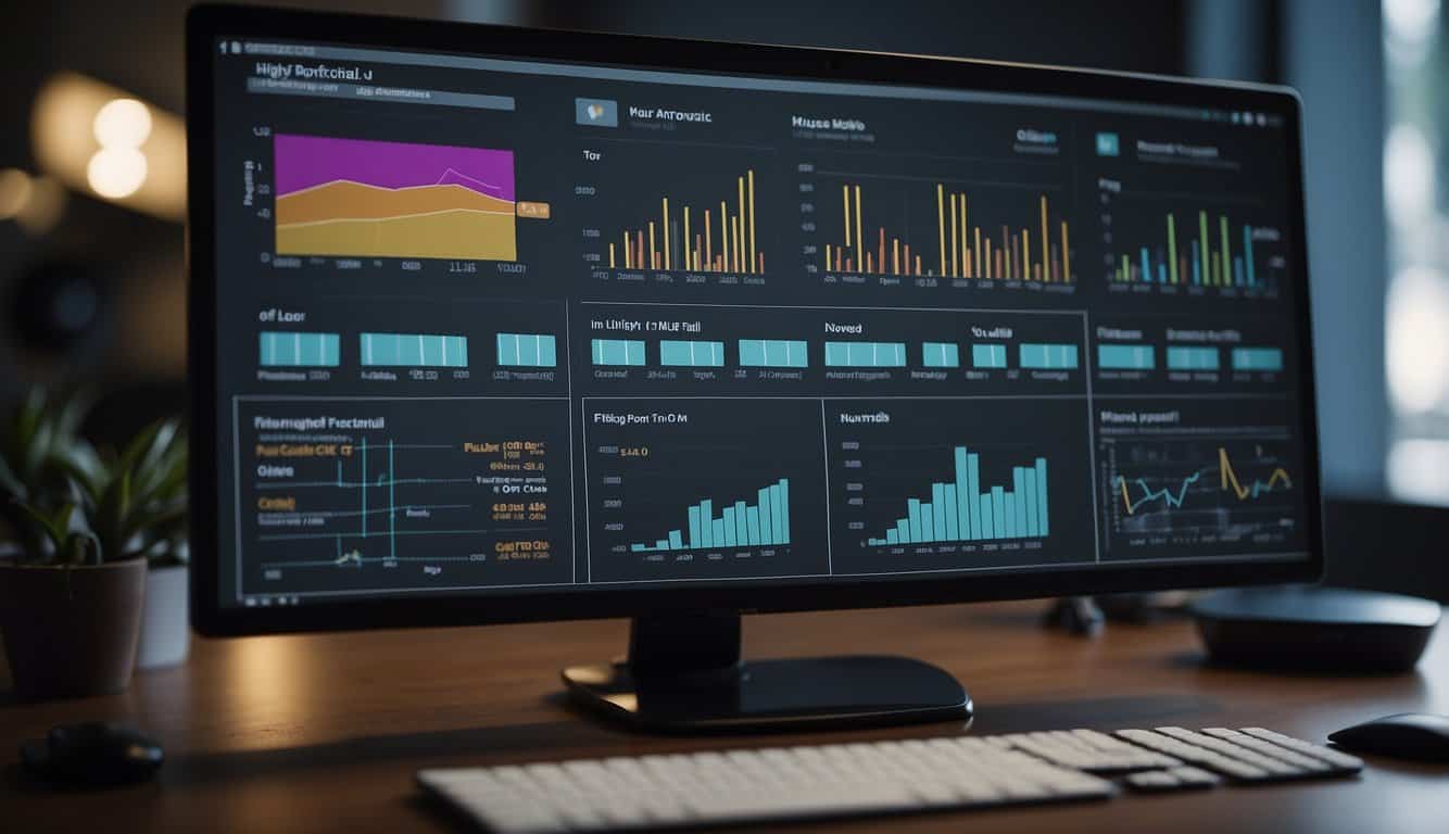 A computer monitor displaying a website analytics dashboard with various data charts and graphs. A mouse cursor hovers over a button labeled "Optimize Strategy."
