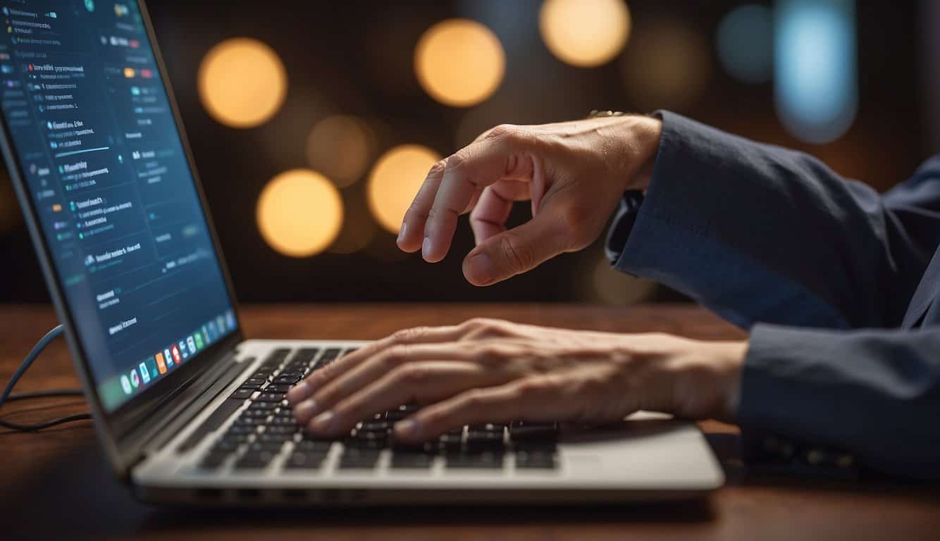 A hand reaches for a computer mouse, clicking on various email list building tools displayed on the screen. Icons of different software options are shown, with a checklist of features and benefits