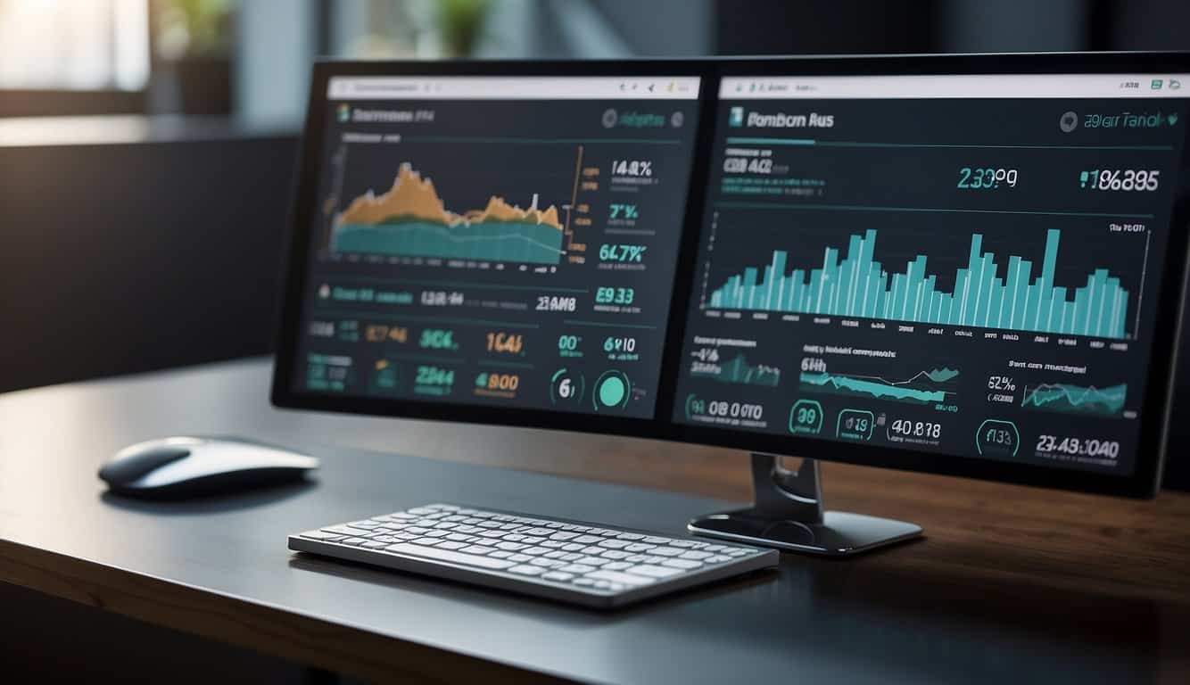 A computer screen showing a dashboard with email campaign performance metrics, including open rates, click-through rates, and conversion rates. Graphs and charts display the data in a visually appealing way